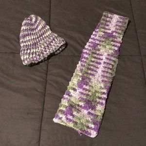 New No Tags Hand Knitted Purple/Green Hat & Scarf